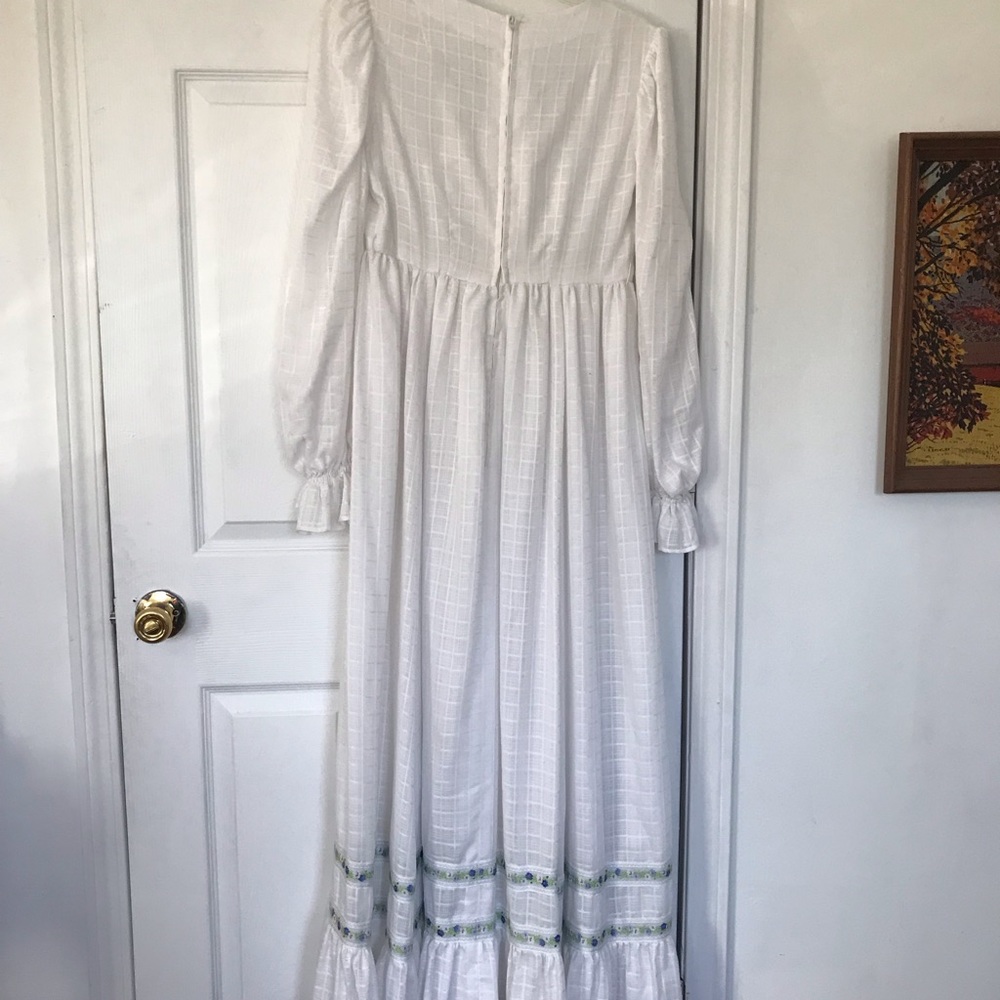 Vintage Dress Womens Embroidered Long Sleeve Puff Cottage Core Prairie 70s sheer - Picture 2 of 10